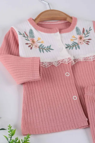 Gül Kurusu (0-3 Ay) Çiçek Nakışlı Dantel Detay Kız Bebe Takım 237234
