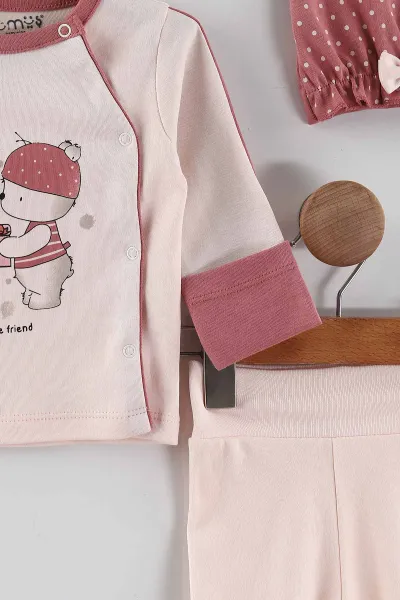 Gül Kurusu (0-3 Ay) Hediye Paketli Ayıcık Baskılı   Patikli Kız Bebek 3'lü Zıbın Takım 453762
