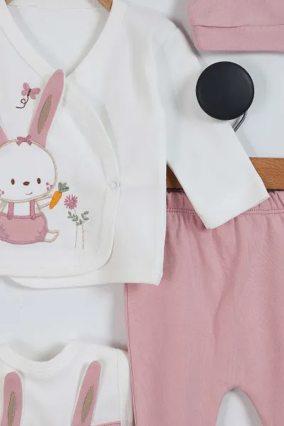 Gül Kurusu (0-3 Ay) Kulaklı Tavşan Nakışlı  Yenidoğan 5'li Kız Bebek Takım 340138