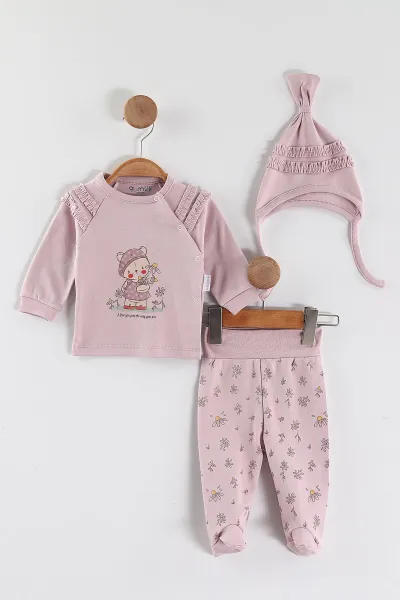 Gül Kurusu (0-3 Ay) Papatyalı Ayıcık Baskılı   Patikli Kız Bebek 3'lü Zıbın Takım 453758