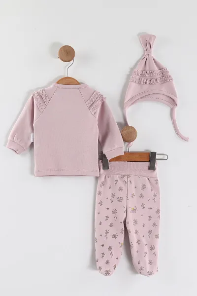 Gül Kurusu (0-3 Ay) Papatyalı Ayıcık Baskılı   Patikli Kız Bebek 3'lü Zıbın Takım 453758