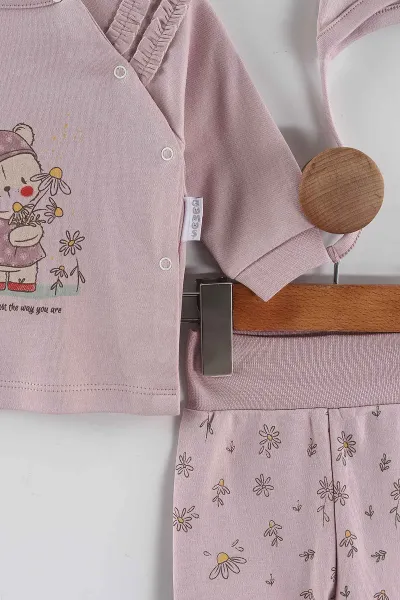 Gül Kurusu (0-3 Ay) Papatyalı Ayıcık Baskılı   Patikli Kız Bebek 3'lü Zıbın Takım 453758