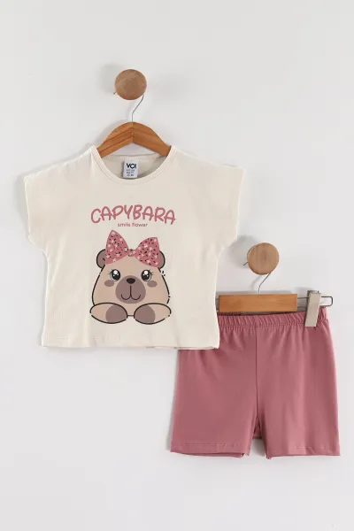 Gül Kurusu (0-4 Yaş) Capybara Baskılı Tişörtlü Şortlu Süprem Kız Çocuk Yazlık Takım 461127