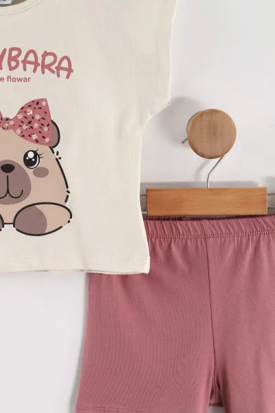 Gül Kurusu (0-4 Yaş) Capybara Baskılı Tişörtlü Şortlu Süprem Kız Çocuk Yazlık Takım 461127