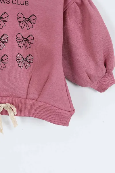 Gül Kurusu (0-4 Yaş) Fiyonk ve Taş Baskılı 3  İp Şardonlu Kız Çocuk Sweatshirt 415024