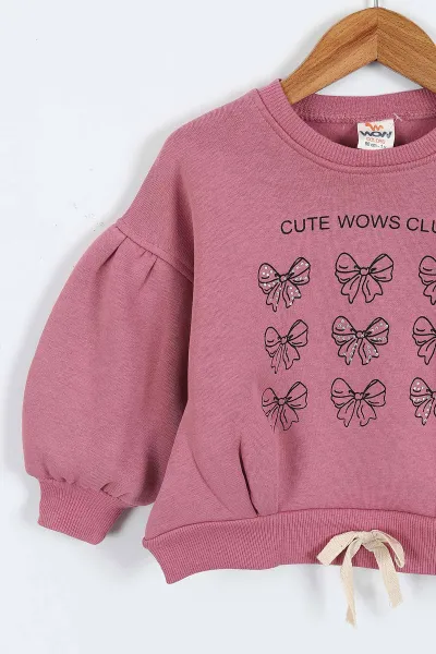 Gül Kurusu (0-4 Yaş) Fiyonk ve Taş Baskılı 3  İp Şardonlu Kız Çocuk Sweatshirt 415024