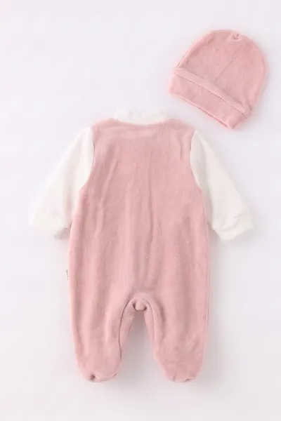 Gül Kurusu (0-9 Ay) Kelebek Nakışlı Patikli Şapkalı Kadife Kız Bebek Tulum 497901