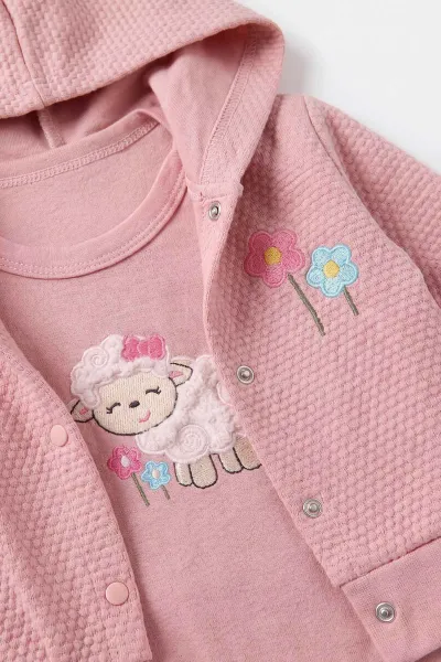Gül Kurusu (0-9 Ay) Kuzu Nakışlı Zıbınlı Hırkalı 3'lü Kız Bebek Takım 475958