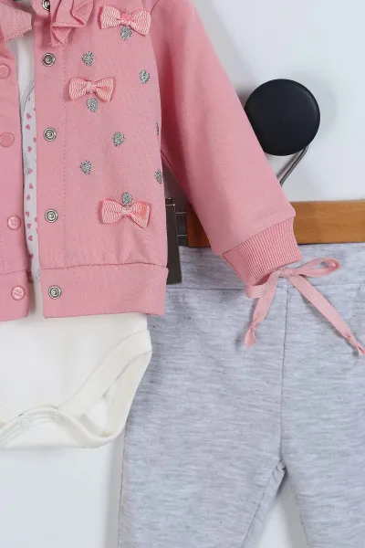 Gül Kurusu (1-12 Ay) Kalp Baskılı Fırfırlı Hırkalı  Kız Bebek  Takım 340771