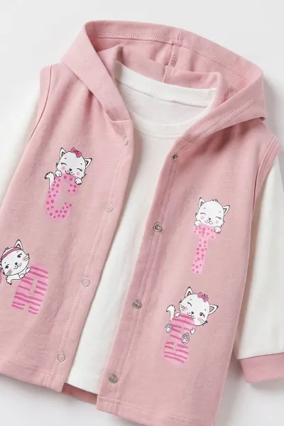 Gül Kurusu (1-2 Yaş) Kedi Baskılı Çıtçıtlı Hırka Kız Bebek 3'lü Takım 480027