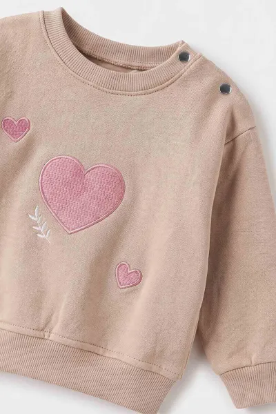 Gül Kurusu (1-3 Yaş) Kalp Nakışlı 3 İp Şardonlu Sweatli Alt Kadife Kız Bebek&Çocuk Kışlık Takım 499728