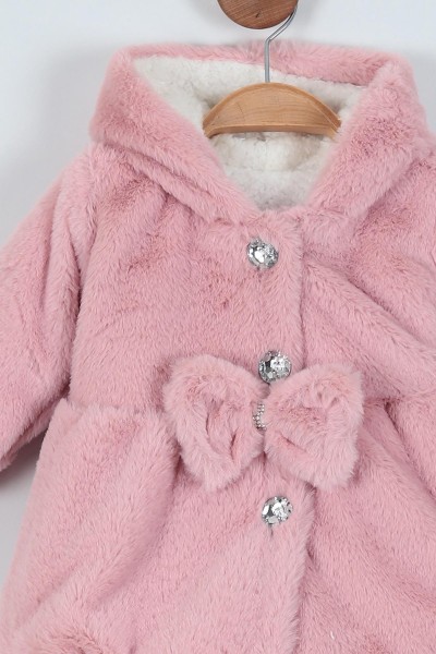 Gül Kurusu (1-3 Yaş) Taş Detaylı Fiyonklu Kürklü Kız Bebe Mont 220925