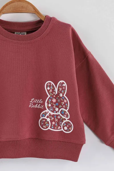 Gül Kurusu (1-4 Yaş)Tavşan Baskılı  Taşlı Kız Çocuk Sweatshirt 432953