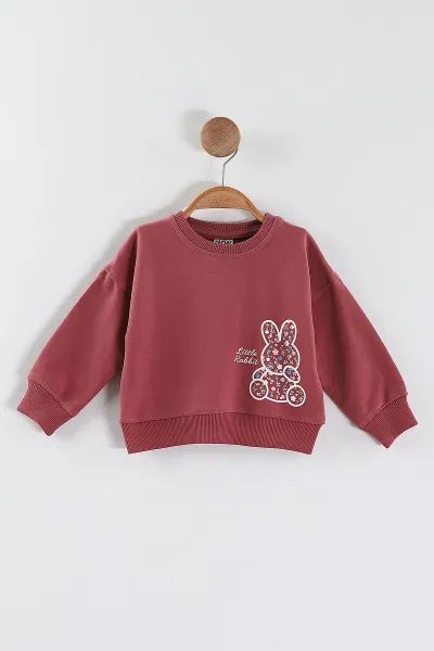Gül Kurusu (1-4 Yaş)Tavşan Baskılı  Taşlı Kız Çocuk Sweatshirt 432953