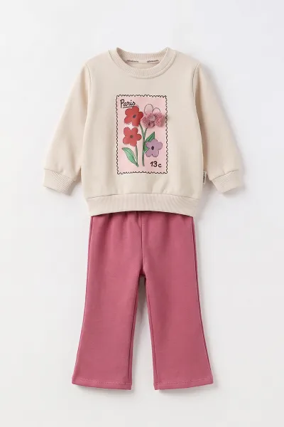 Gül Kurusu (1-5 Yaş) 3 ip Şardonlu Sweat Pantolon Kız Çocuk Kışlık Takım 495854