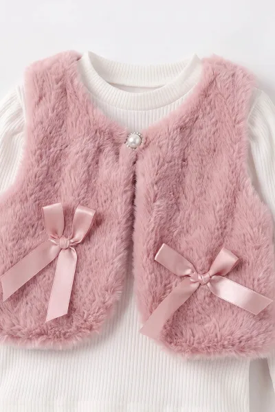 Gül Kurusu (1-5 Yaş) Fitilli Bodyli Leopar Peluş Yelekli Nakışlı Kot Pantolonlu Kız Çocuk 3lü Takım 495751