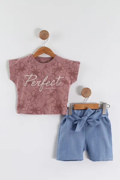 Gül Kurusu (1-5 Yaş) Perfect Taş Baskılı Tişörtlü  Kot Şortlu   Kız Çocuk Yazlık Takım 458957