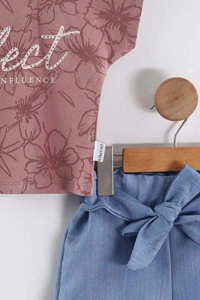 Gül Kurusu (1-5 Yaş) Perfect Taş Baskılı Tişörtlü  Kot Şortlu   Kız Çocuk Yazlık Takım 458957