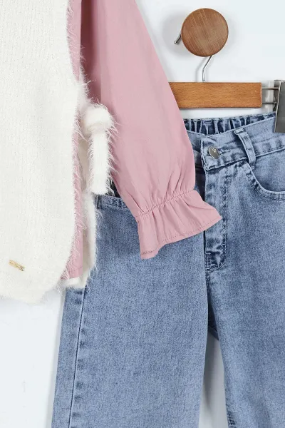 Gül Kurusu (1-9 Yaş) Bebe Yaka Gömlekli Sakallı  Süveterli  ve Kot  Pantolonlu  Kız Çocuk 3'lü Takım 410347