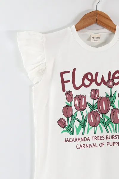 Gül Kurusu (1-9 Yaş) Flower Baskılı Koldan Fırfırlı Tişörtlü ve Cepli Şortlu Süprem Kız Çocuk Yazlık Takım 456419