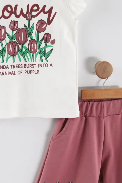 Gül Kurusu (1-9 Yaş) Flower Baskılı Koldan Fırfırlı Tişörtlü ve Cepli Şortlu Süprem Kız Çocuk Yazlık Takım 456419