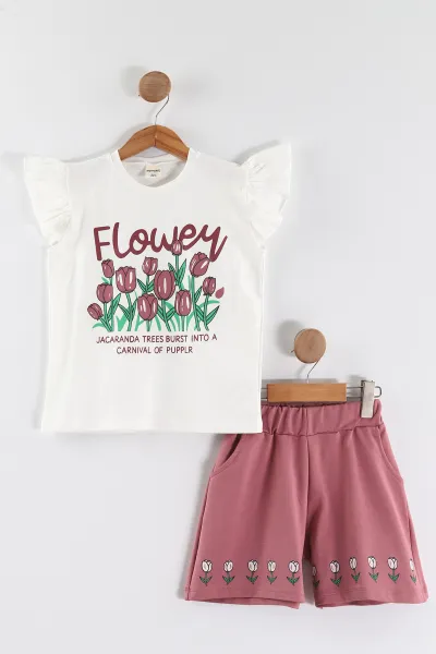 Gül Kurusu (1-9 Yaş) Flower Baskılı Koldan Fırfırlı Tişörtlü ve Cepli Şortlu Süprem Kız Çocuk Yazlık Takım 456419