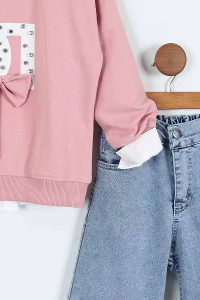 Gül Kurusu (1-9 Yaş)  Gömlekli  Taşlı Baskılı Sweatli   Kot Pantolonlu Kız Çocuk 3'lü Takım 410327