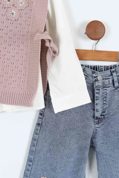 Gül Kurusu (1-9 Yaş) Gömlekli Triko Süveterli  Taşlı Kot Pantolonlu Kız Çocuk 3'lü Takım 410317