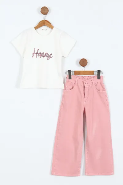 Gül Kurusu (1-9 Yaş)Happy Baskılı Tişörtlü Gabardin Pantolon ve Ceketli    Kız Çocuk 3'lü Takım 413513
