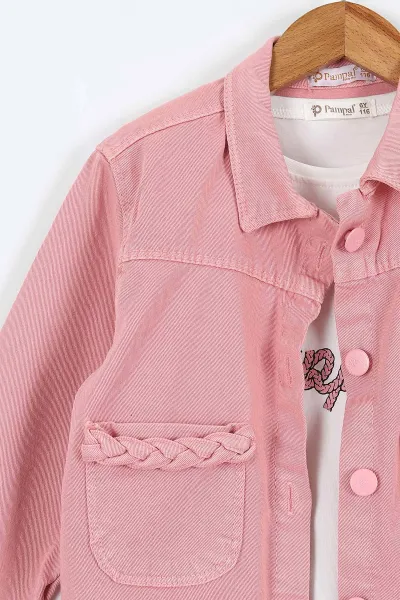 Gül Kurusu (1-9 Yaş)Happy Baskılı Tişörtlü Gabardin Pantolon ve Ceketli    Kız Çocuk 3'lü Takım 413513