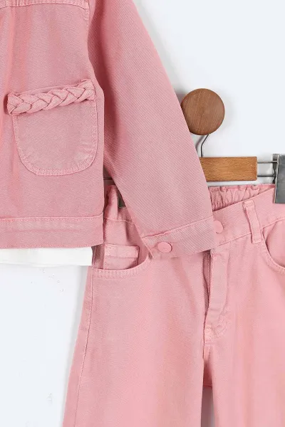 Gül Kurusu (1-9 Yaş)Happy Baskılı Tişörtlü Gabardin Pantolon ve Ceketli    Kız Çocuk 3'lü Takım 413513