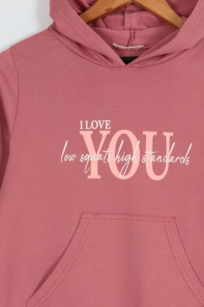 Gül Kurusu (10-13 Yaş) I Love You Baskılı İki İp Kapüşonlu İspanyol Paça Kız Çocuk Takım 203151