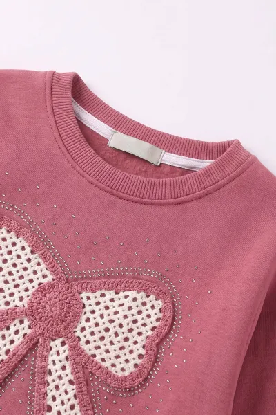Gül Kurusu (2-12 Yaş) Fiyonk Nakışlı Taşlı  İçi Şardonlu Kız Çocuk Sweatshirt 483280