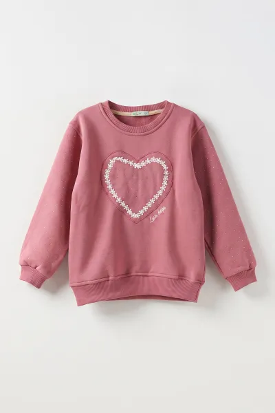 Gül Kurusu (2-12 Yaş) Kalp Nakışlı Taşlı  İçi Şardonlu Kız Çocuk Sweatshirt 483266