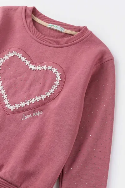 Gül Kurusu (2-12 Yaş) Kalp Nakışlı Taşlı  İçi Şardonlu Kız Çocuk Sweatshirt 483266