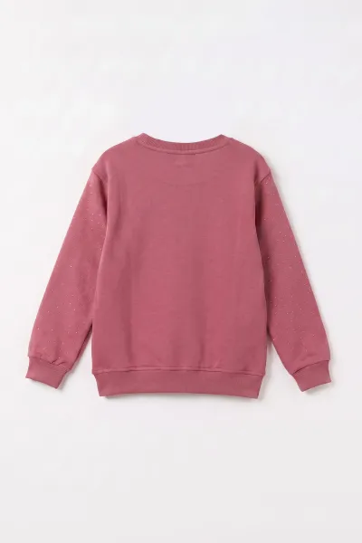 Gül Kurusu (2-12 Yaş) Kalpli Çiçek Nakışlı Taşlı  İçi Şardonlu Kız Çocuk Sweatshirt 483289