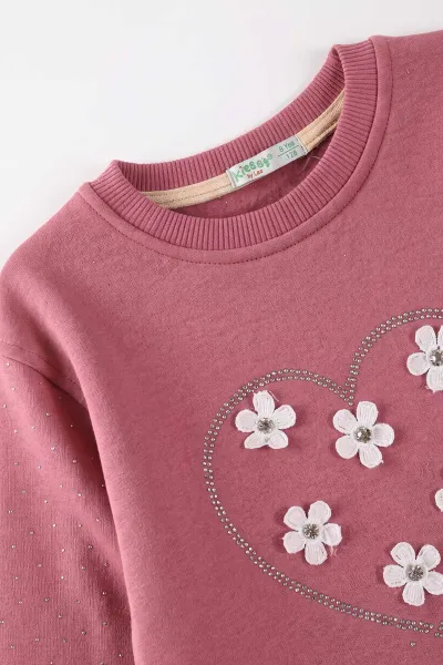 Gül Kurusu (2-12 Yaş) Kalpli Çiçek Nakışlı Taşlı  İçi Şardonlu Kız Çocuk Sweatshirt 483289