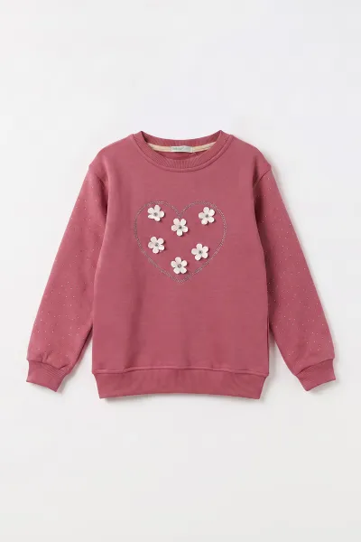 Gül Kurusu (2-12 Yaş) Kalpli Çiçek Nakışlı Taşlı  İçi Şardonlu Kız Çocuk Sweatshirt 483289