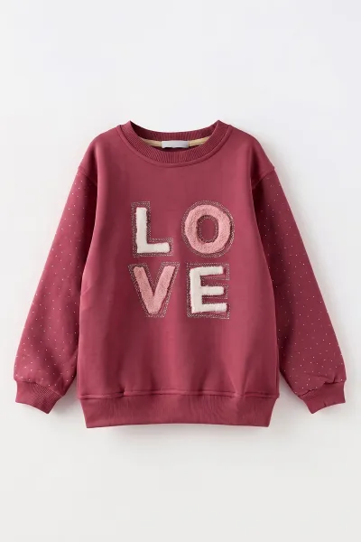 Gül Kurusu (2-12 Yaş) Love Nakışlı Taşlı  İçi Şardonlu Kız Çocuk Sweatshirt 483274