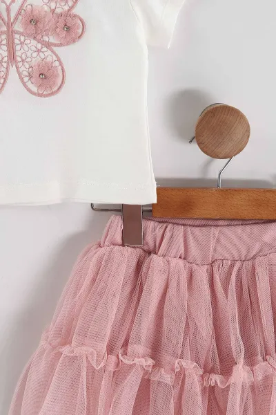 Gül Kurusu (2-5 Yaş) Kelebek Nakışlı Tütü Etekli Kız Çocuk Takım 464966
