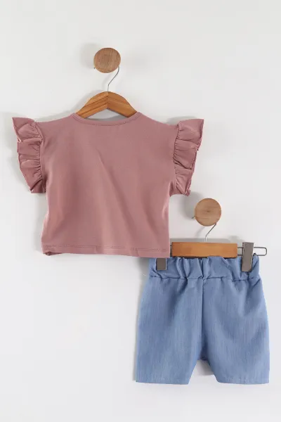 Gül Kurusu (2-5 Yaş)Fiyonk Baskılı Tencel Kumaş Şortlu Kız Çocuk Takım 462562