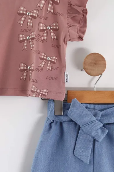 Gül Kurusu (2-5 Yaş)Fiyonk Baskılı Tencel Kumaş Şortlu Kız Çocuk Takım 462562