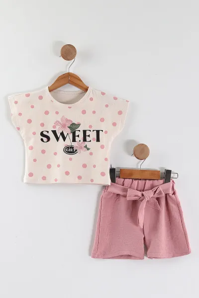 Gül Kurusu (2-5 Yaş)Sweet Taş Baskılı Flam Keten Kumaş Şortlu Kız Çocuk Takım 451971