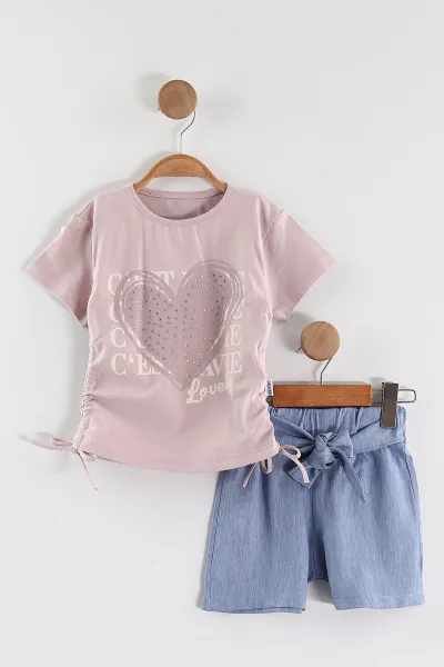 Gül Kurusu (2-5 Yaş)Taşlı Kalp Baskılı Tencel Şortlu Kız Çocuk Takım 436926