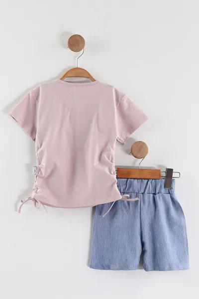 Gül Kurusu (2-5 Yaş)Taşlı Kalp Baskılı Tencel Şortlu Kız Çocuk Takım 436926