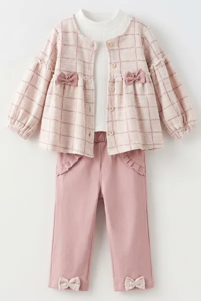 Gül Kurusu (2-6 Yaş) Fiyonklu Hırkalı ve  Gabardin Pantolonlu Kız Çocuk 3'lü Takım 483680