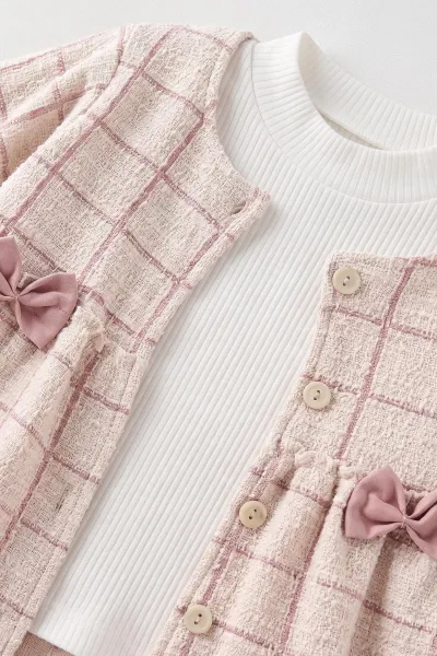 Gül Kurusu (2-6 Yaş) Fiyonklu Hırkalı ve  Gabardin Pantolonlu Kız Çocuk 3'lü Takım 483680