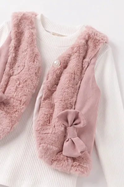 Gül Kurusu (2-6 Yaş) Gabardin Şort Etekli  Peluş Yelekli Kız Çocuk 3'lü Takım 491157