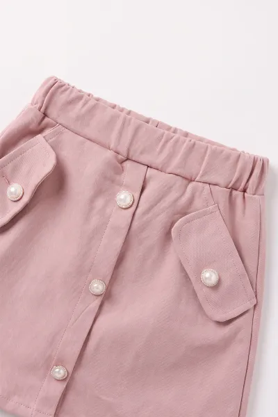 Gül Kurusu (2-6 Yaş) Gabardin Şort Etekli  Peluş Yelekli Kız Çocuk 3'lü Takım 491157