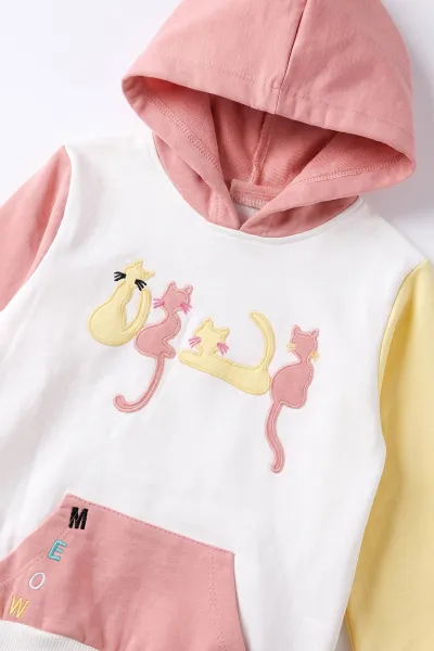 Gül Kurusu (2-6 Yaş)Kedi Nakışlı Kanguru Cepli Kapüşonlu Kız Çocuk 2'li Takım 483885